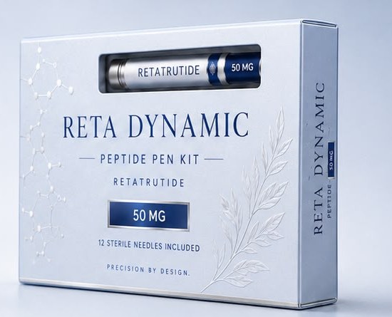 Angled view of the Reta Dynamic Peptide Pen Kit box with embossed botanical detail and silver foil accents