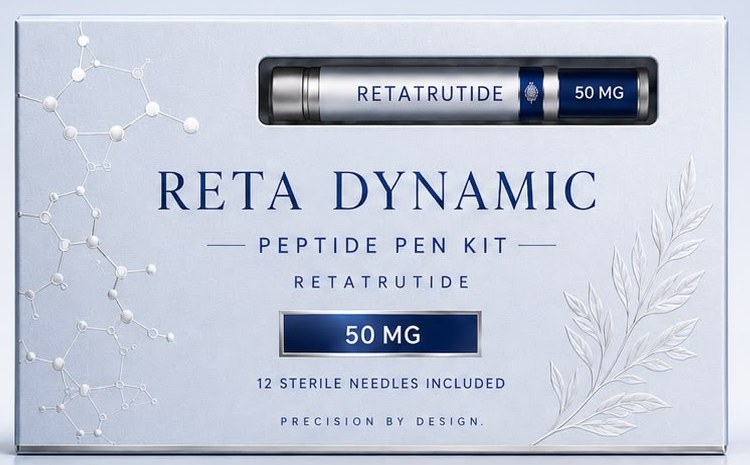 Reta Dynamic Peptide Pen Kit box, front view: mineral ice-blue paperboard with a window showing the retatrutide 50 mg pen, 12 sterile needles included