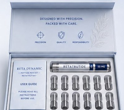 Open Reta Dynamic box showing the moulded pulp insert, the pen, twelve capped needles and the documentation leaflet
