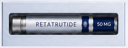 Close-up of the box window showing the retatrutide 50 mg pen behind the hologram seal